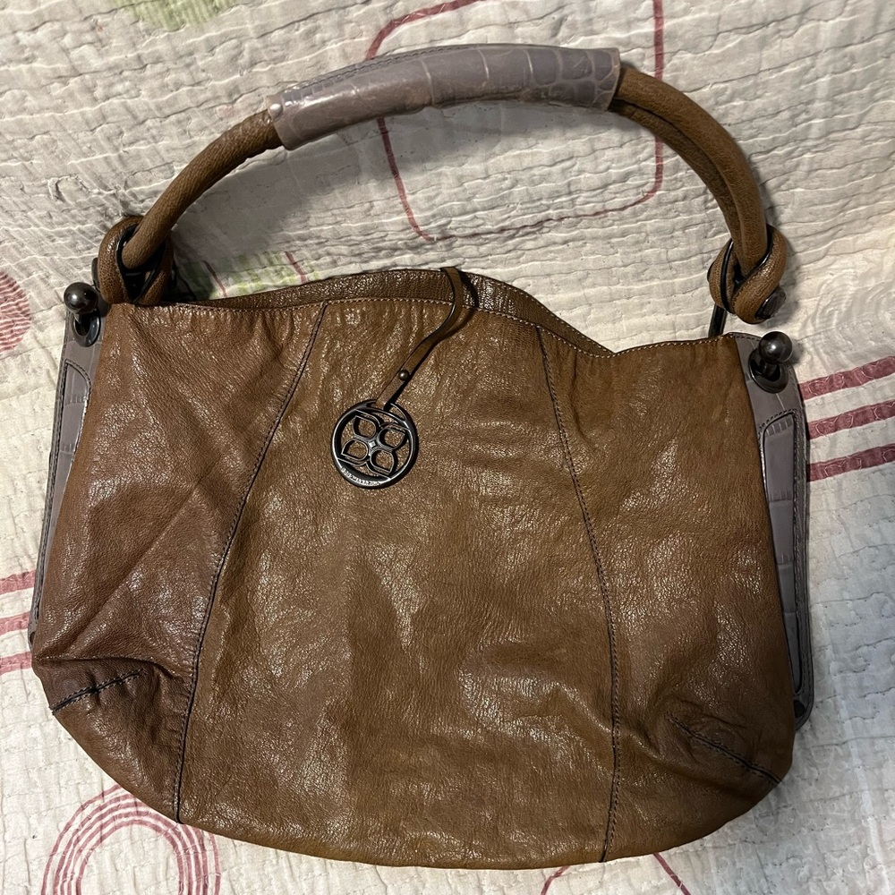 BCBG Brown Leather Shoulder Bag with Distressed Finish
